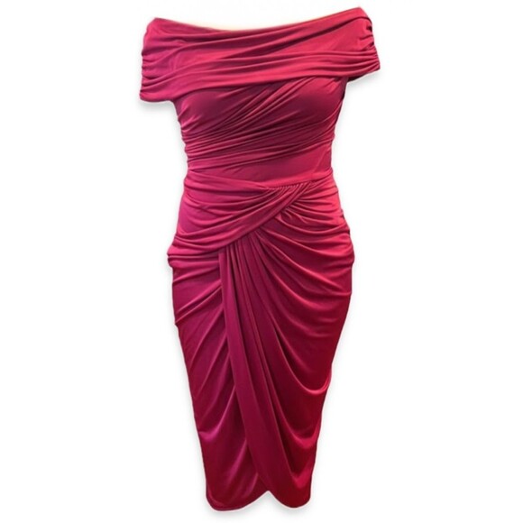 Tadashi Shoji Fuchsia Ruched Midi Dress | Perfect Valentine’s & Barbie Dress| M - Picture 2 of 6